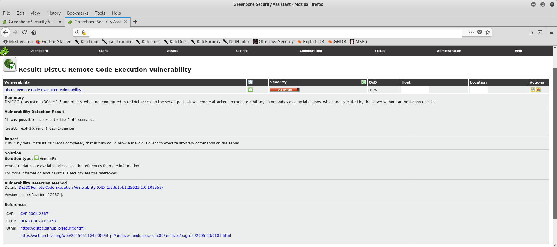 OpenVAS scan findings showing CVE-2004-2687