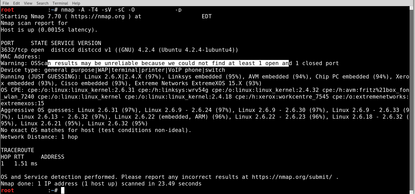 Nmap verbose output confirming DistCC on port 3632